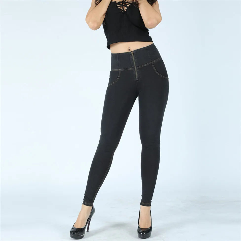 High Stretch Slim Fit Black Denim Jeans for Women - Bum Lift Skinny Jeggings with Yellow Thread