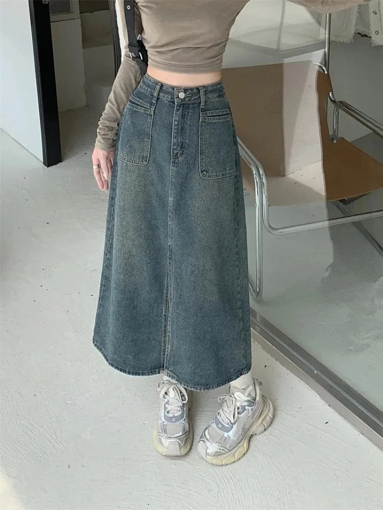 Denim Skirt for Women - High Waist Retro Style Jean Skirt, Korean Fashion