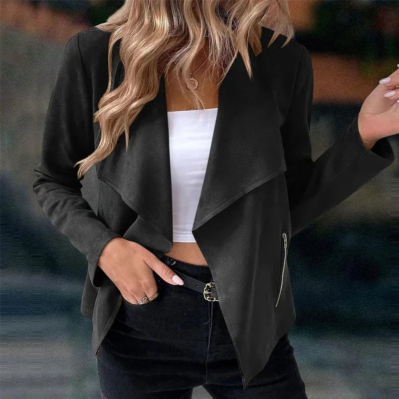 Women Suit Jacket - Solid Suede Lapel Slim Fit Zipper Pocket Office Wear