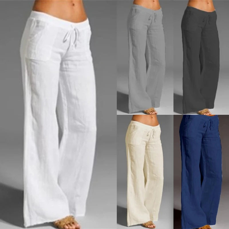 Wide Leg Casual Pants - High Waist Cotton Linen Trousers for Women