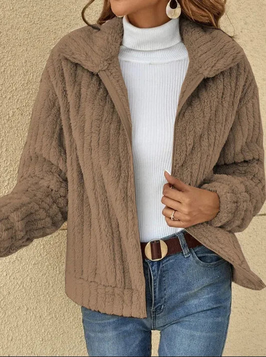 Plush Lapel Cardigan - Short Women's Coat, Cozy Outerwear for Fall and Winter