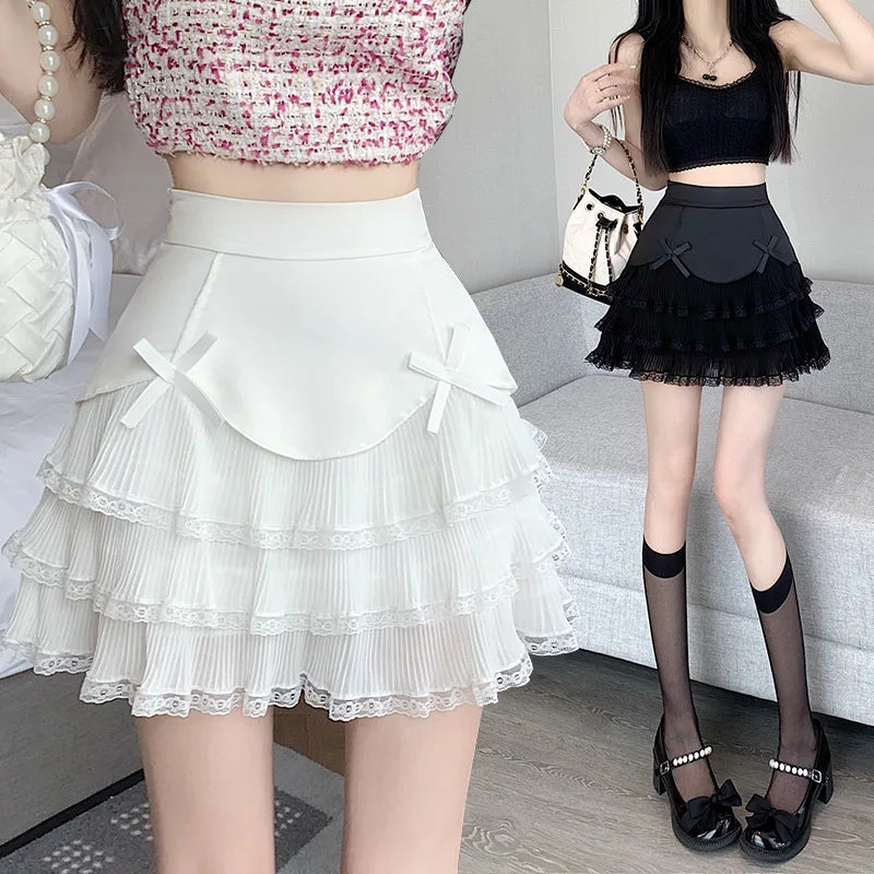 Lace Bow High Waist Skirt for Women - Sweet Solid Party Mini Skirt