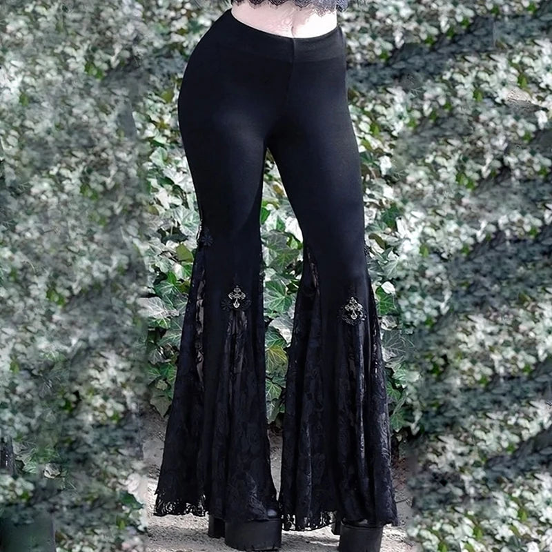 Women Lace Mesh Flared Pants - Gothic Harajuku Aesthetic See-Through Trousers