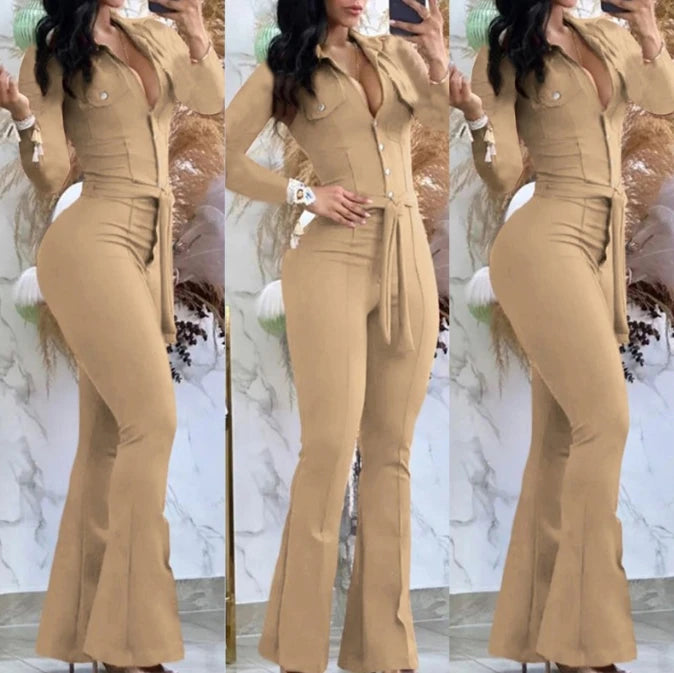 Button Casual Jumpsuit for Women - Autumn Skinny Bootcut with Belt