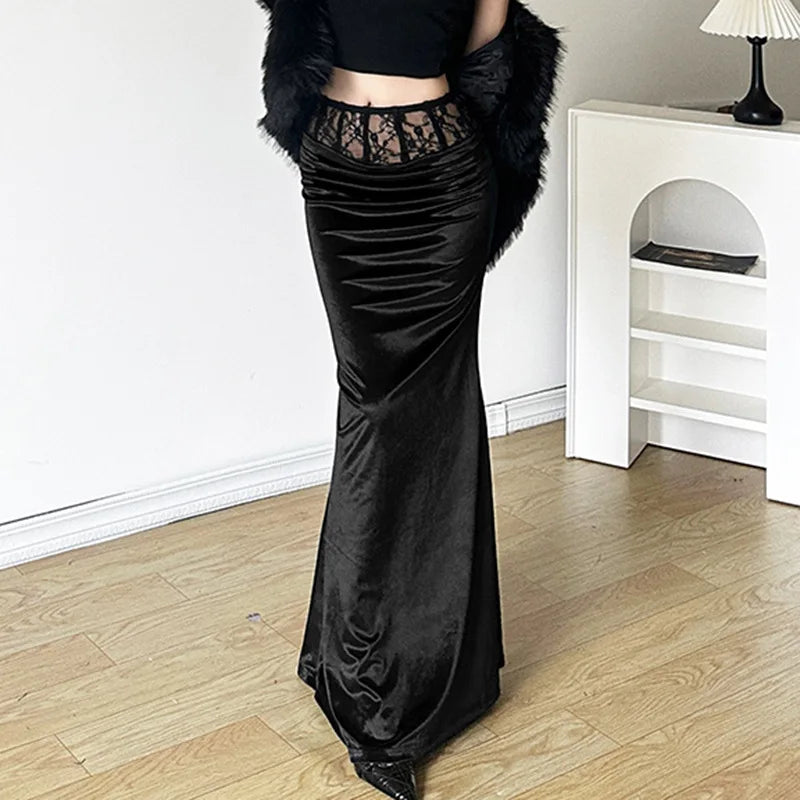 Gothic Velvet Trumpet Skirt - Partywear Lace Patchwork Long Skirt for Women