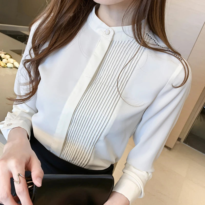 Solid Color Long Sleeve Shirt for Women - Irregular Chiffon Button Top for Commuting