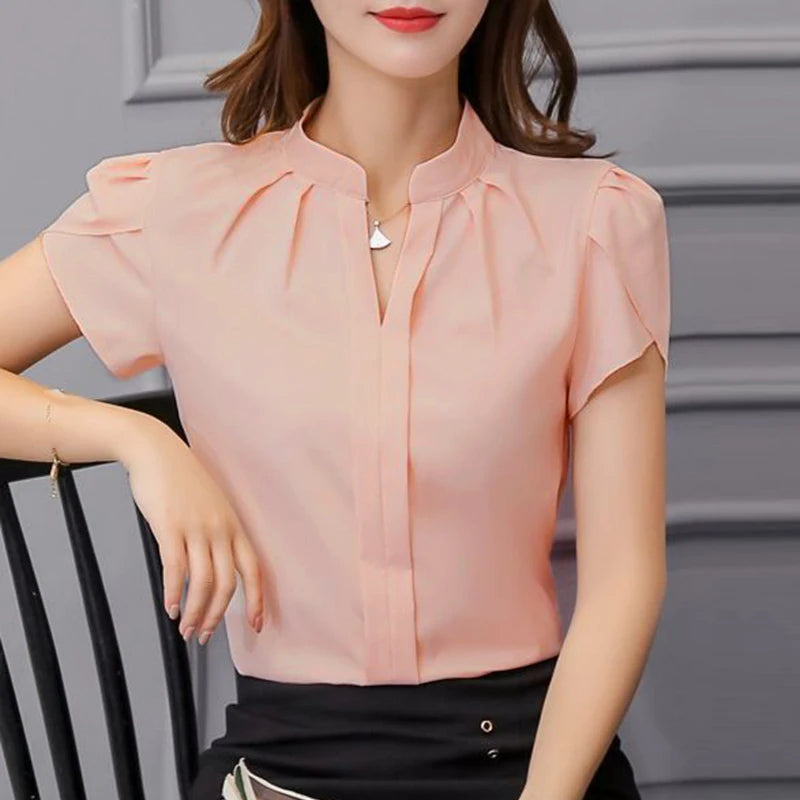 Women Formal Office Blouse - V-Neck Chiffon Pleated Ruffle Short Sleeve Shirt